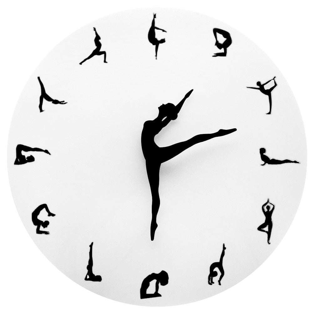 The image shows a white wall clock with a silhouette of a woman doing gymnastics on it. The woman is wearing a leotard and has her arms and legs in various poses. Her hair is pulled back in a bun and she has a determined expression on her face. The clock has a black background with white numbers and hands.