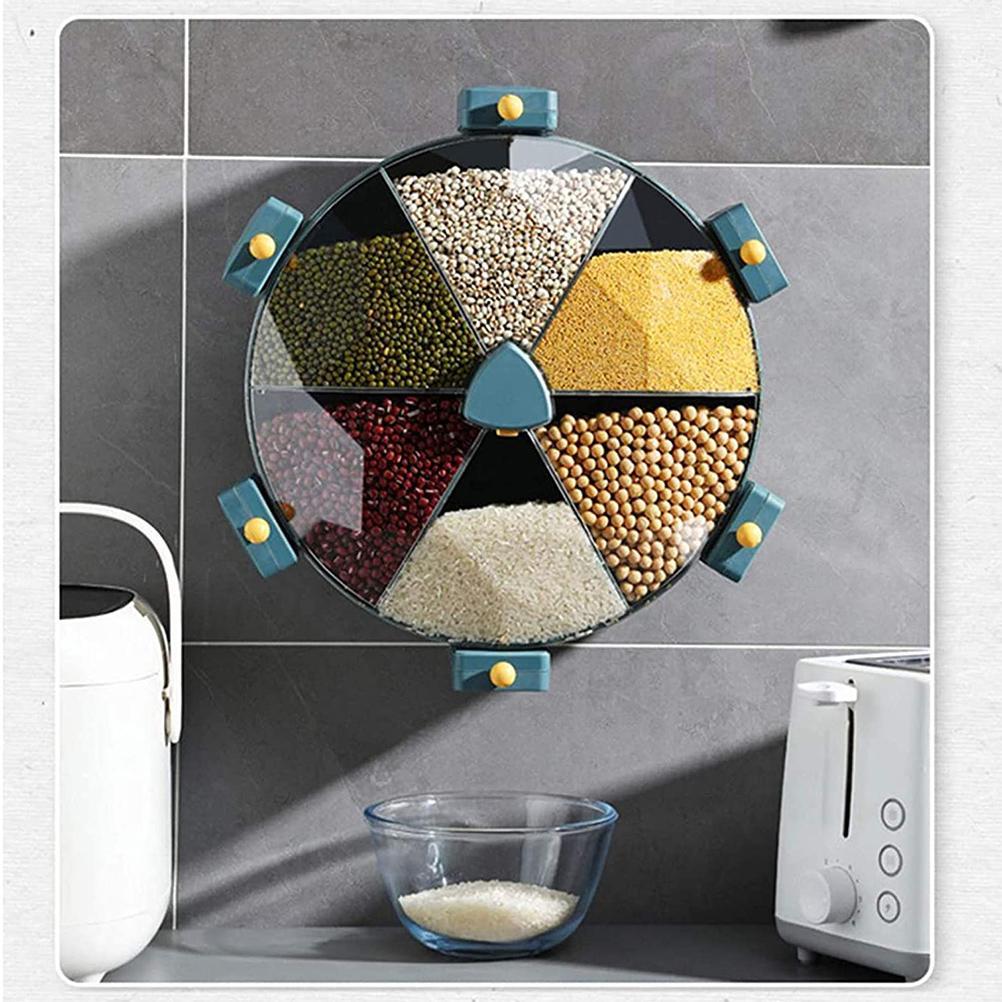 The image shows a kitchen counter with a bowl of cereal and a toaster on it. On the left side of the counter is a white object, and on the wall behind it is a circular plate with a variety of grains arranged in a decorative pattern.