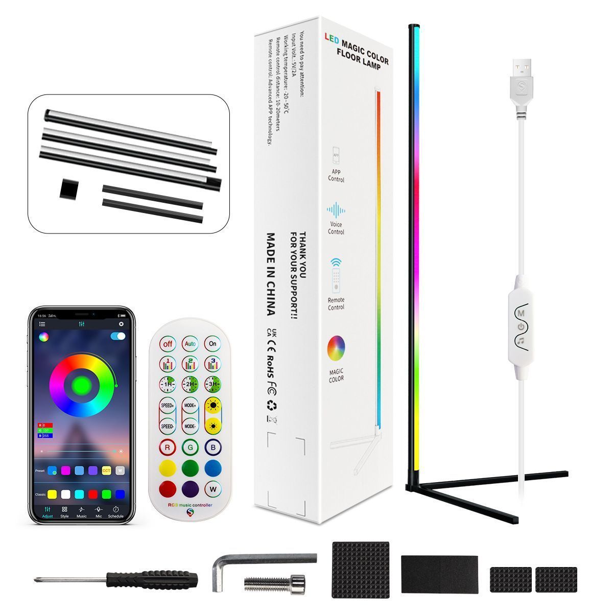 The image shows a white box with a remote control next to it, along with a mobile phone, a cable, and other objects. The remote control is a LED magic color lamp, emitting a vibrant array of colors that can be used to create a mesmerizing effect.