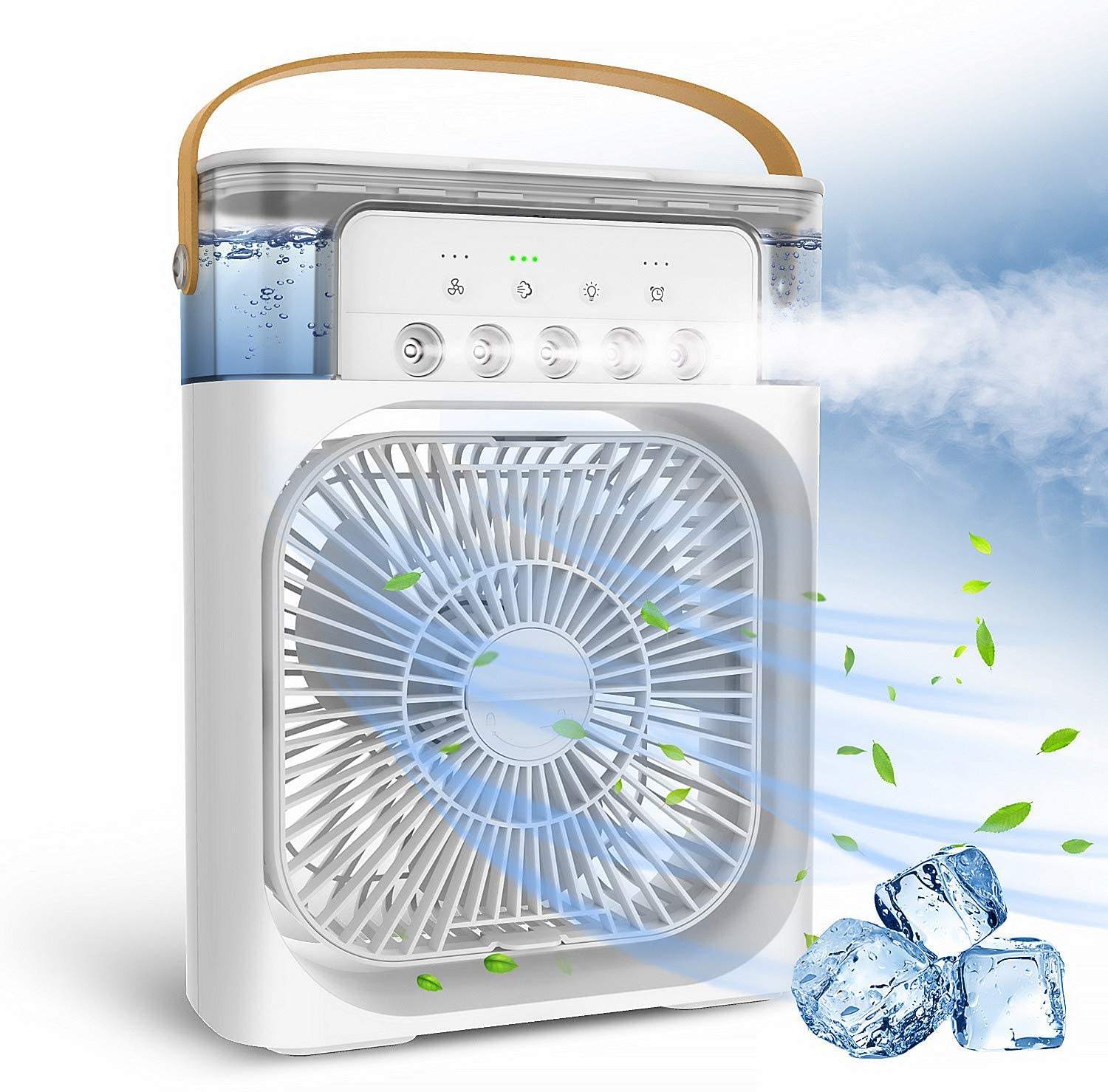 The image shows a white portable air conditioner with a wooden handle, sitting on top of a table with a few ice cubes and leaves scattered around it. The background is a bright blue sky with white fluffy clouds.