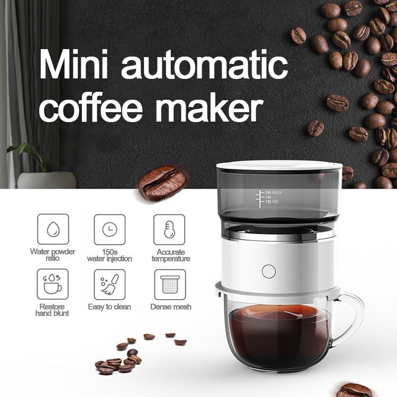 The image shows a mini automatic coffee maker with coffee beans scattered around it. At the bottom of the image, there is a cup filled with freshly brewed coffee, and in the background, there are coffee beans on a black surface. On the left side of the picture, there appears to be a window with a curtain, and at the top of the poster, there has some information about the coffee maker.