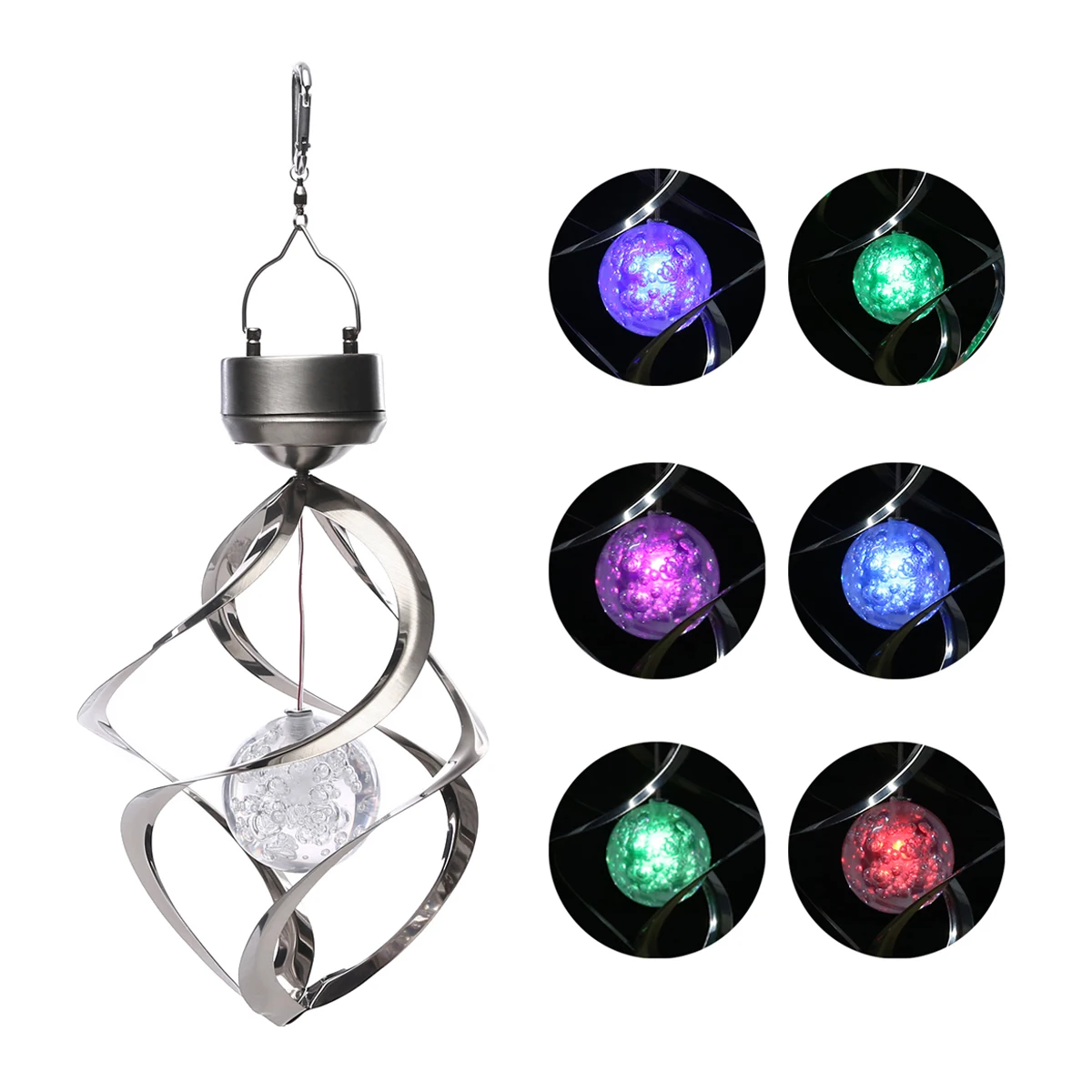 The image shows a set of four colorful solar powered LED lights hanging from a metal object, with a white background. The lights are in a variety of colors, including red, blue, green, yellow, and purple, and are arranged in a circular pattern. The metal object is silver in color and has a hook at the top for hanging.