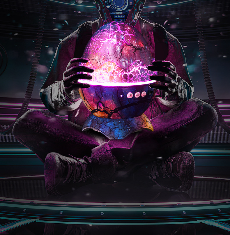 The image shows a man sitting on a platform, holding a glowing orb in his hands. He is wearing a futuristic-looking outfit and has a determined expression on his face, as if he is ready to take on whatever challenge lies ahead. The orb he is holding is glowing with a bright light, and the background is a deep blue, giving the image a mysterious and captivating atmosphere.