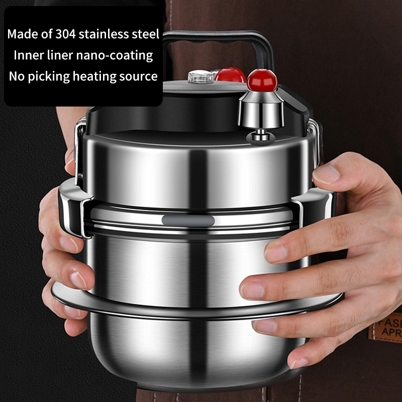 The image shows a person holding a stainless steel thermos. The thermos is made of 304 stainless steel and has an inner liner nano-coating. It has a handle on the top for easy carrying and a red knob on the side for adjusting the temperature. There is also a label on the thermos that reads "Made of 304 Stainless Steel" and "No picking heating source". The background is black.