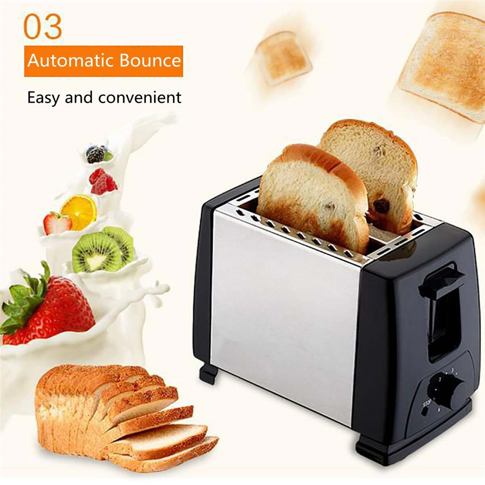 The image shows a black and silver toaster with two slices of bread on it. The toaster has a digital display on the front and a handle on the right side. On the left side of the toaster, there is a plate of fresh fruits, including strawberries, kiwi, and grapes. The background is white, and there are several slices of toasted bread scattered around the image. The text on the image reads "03 Automatic Bounce - Easy and convenient".