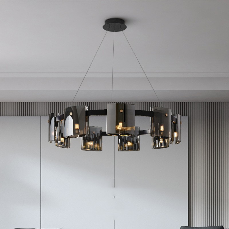 The image is of a modern chandelier with a black metal frame and six lights. The light fixture has a circular shape with a flat top and six arms that extend from the center. The arms are connected by a thin black cord that runs from the top to the bottom of the frame. The lights are arranged in a circular pattern, with each arm having a small square-shaped light bulb inside. The dimensions of the light fixture are 800mm in length and 170mm in width. The overall design is sleek and contemporary.