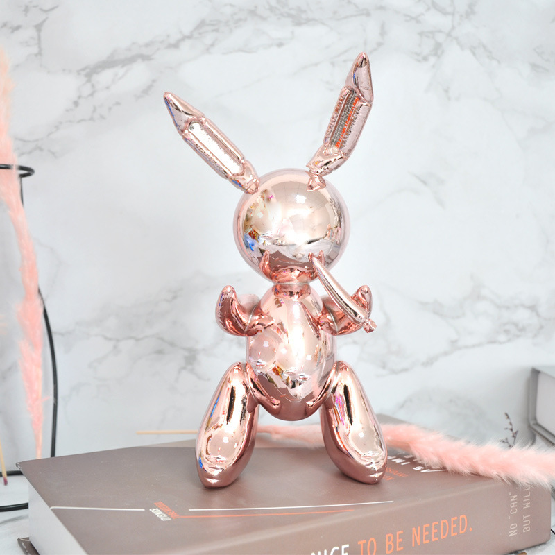 Shiny Balloon Rabbit Statue Simulation Rabbit Animal Art Sculpture Resin Crafts Home Decoration Accessories, 25cm, Rose Gold