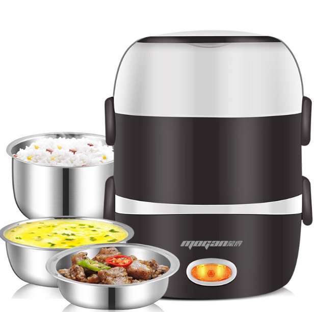 The image shows a black and silver electric rice cooker with a lid. The cooker has two handles on the top for easy carrying. On the left side of the cooker, there is a bowl of white rice with a spoon in it. Next to the bowl, there are two small bowls of food - one with a yellow sauce and the other with meat and vegetables. The rice cooker has a control panel on the front with buttons for adjusting the temperature and other settings.