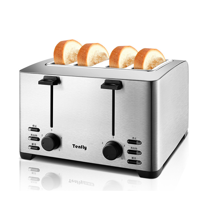 The image is of a toaster with four slices of bread on it. The toaster is made of stainless steel and has a shiny finish. It has two black knobs on the front, one for adjusting the temperature and the other for setting the bread. There are also two USB ports on the sides of the toaster, which can be used to connect the bread to a computer or other device. The brand name "Tenfly" is visible on the side of the oven.