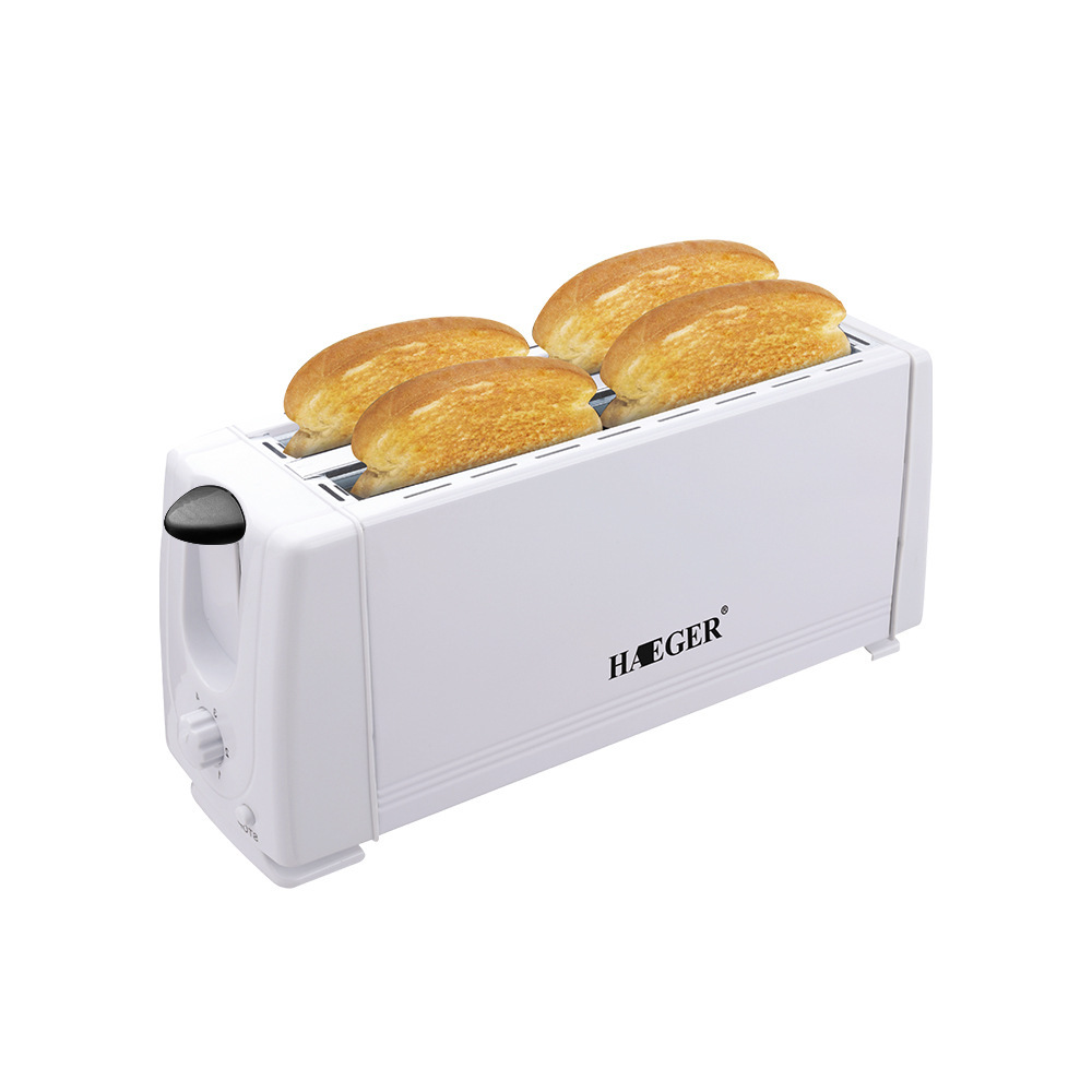 The image shows a white toaster with four slices of bread on it. The toaster has the brand name "Hager" written on the front in black letters. There is a black knob on the right side of the toaster and a power button on the left side. The bread appears to be freshly baked and is golden brown in color.