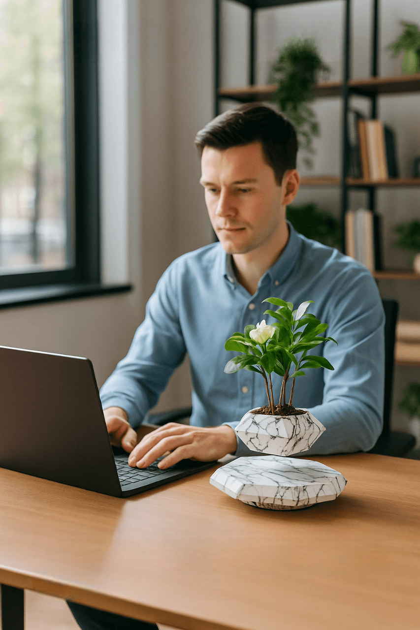 Woman with Levitating Floating Bonsai Pot