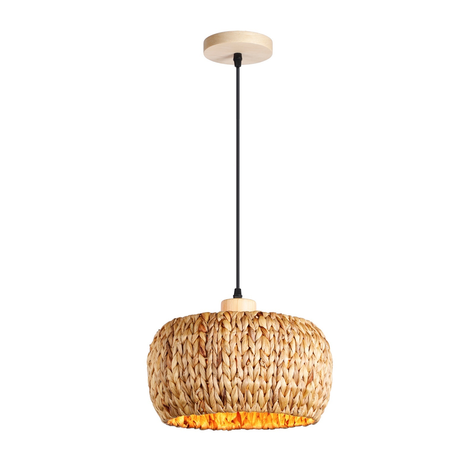 Handwoven rattan bamboo chandelier with natural wood base, casting a warm orange glow, perfect for rustic European dining or kitchen lighting.