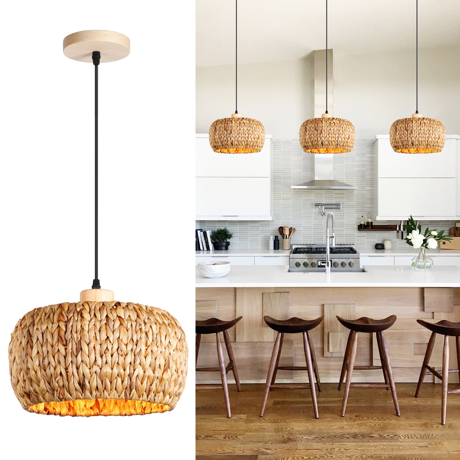 Modern kitchen with three handwoven rattan bamboo chandeliers illuminating a wooden island with stylish stools, perfect for rustic European dining decor.