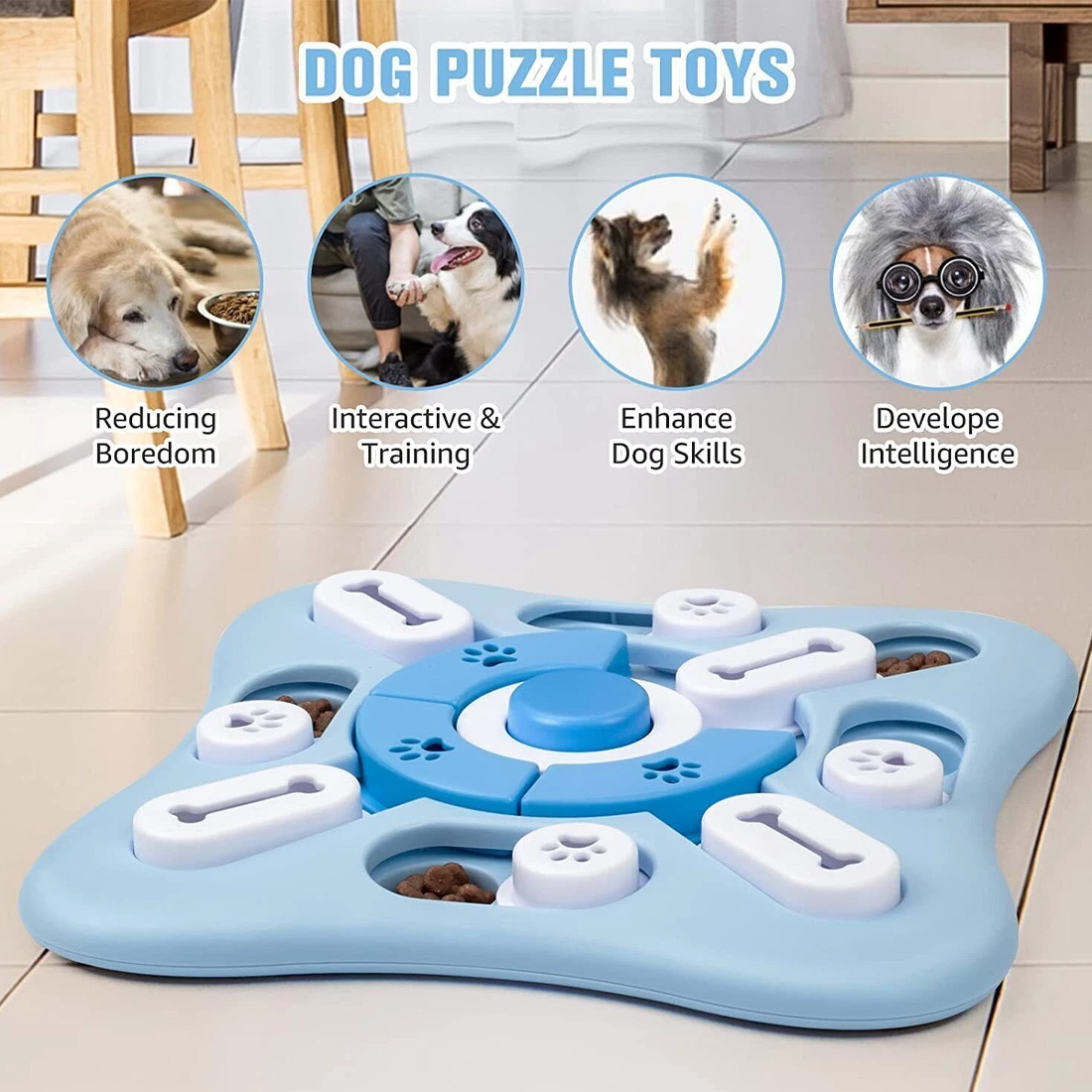 Aura Pro 3 Tier Cognitive Stimulation Interactive Pet Puzzle in a luxury room showing its azure blue sliding treat compartments.