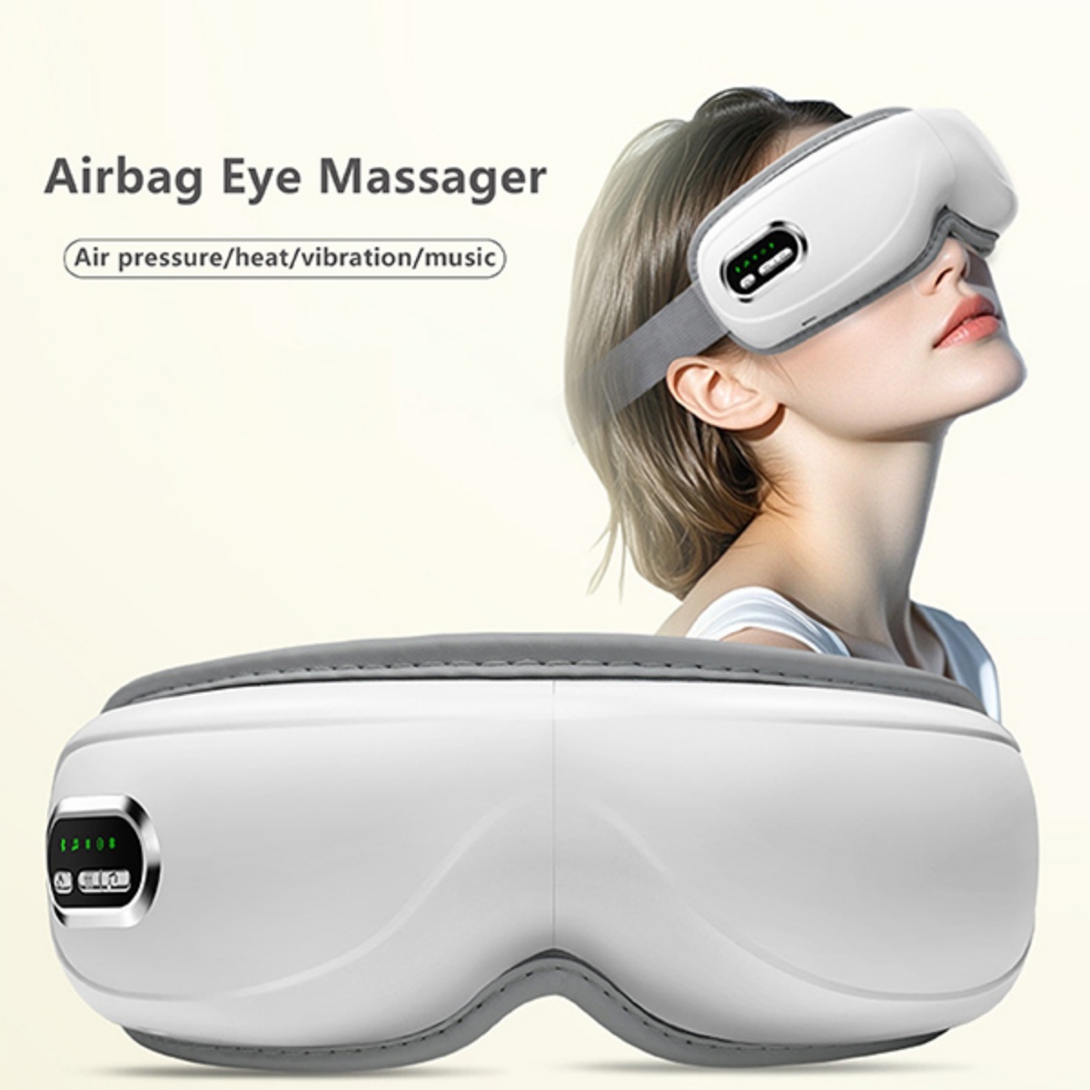 Orion-Hydro-Thermal-Smart-Eye-Therapy-Massager Orion Hydro Thermal Smart Eye Therapy Massager being worn by a person relaxing in a modern luxury bedroom setup.