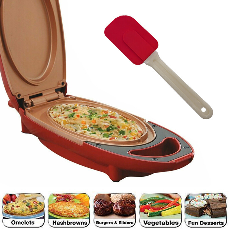 Aura Pro Ceramic Copper Infused Non Stick Omelette and Snack Maker showing its 33cm size, interior chamber, and spatula.