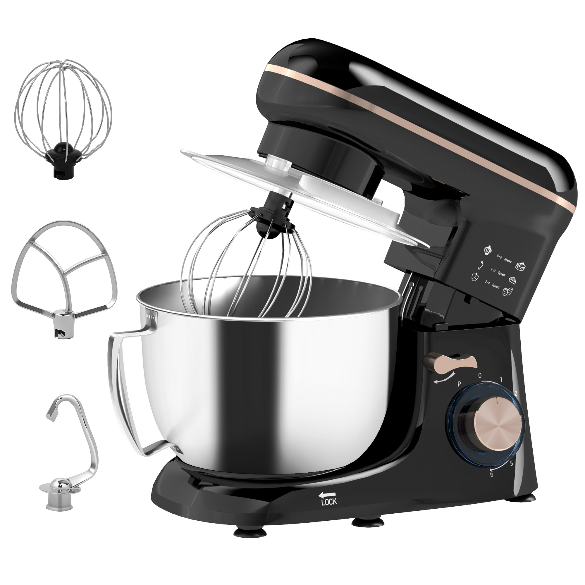Aura Pro 1300W Professional Tilt Head Stand Mixer in obsidian black featuring its 4.5L stainless steel bowl and baking attachments.
