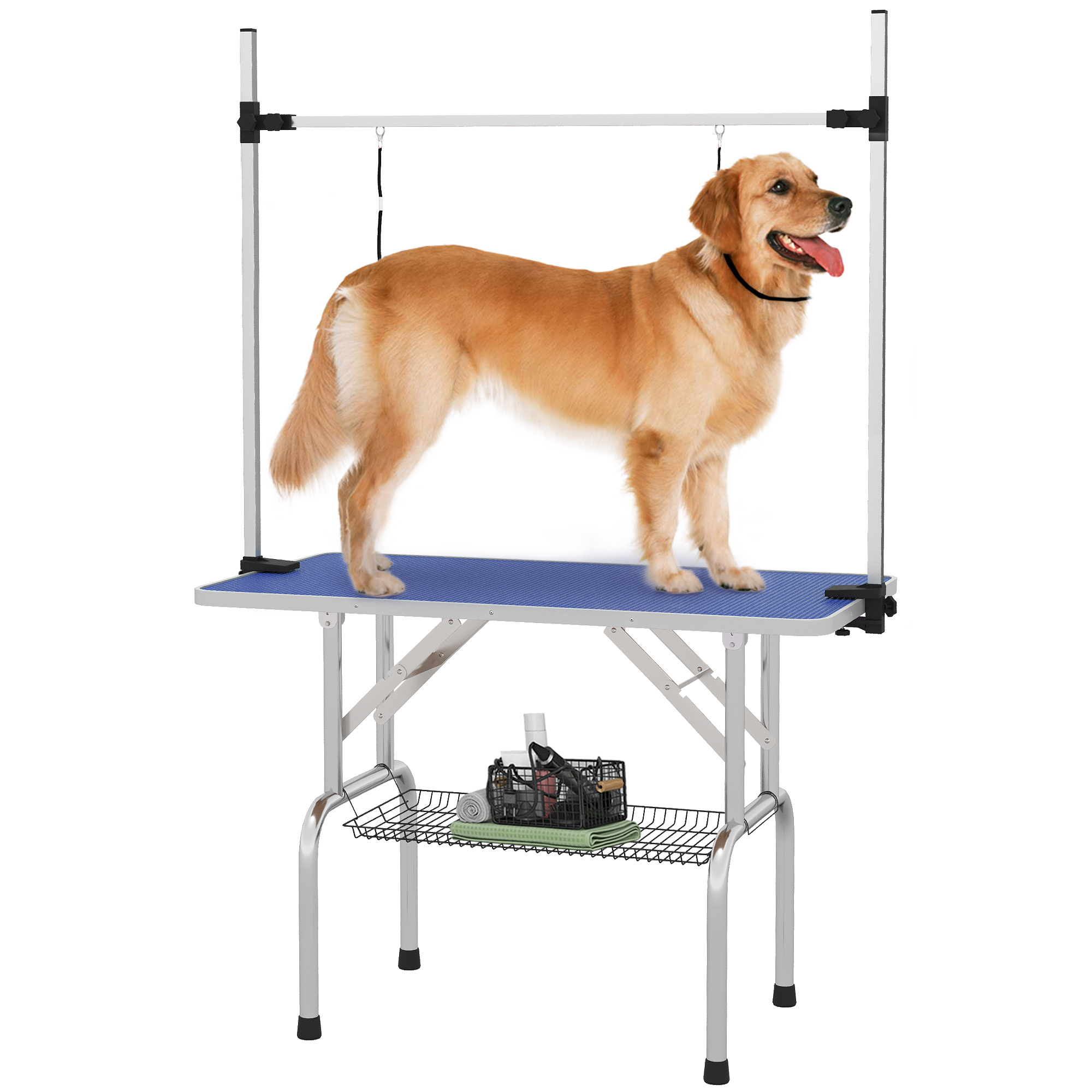 Aura-Pro-42-Inch-Ergonomic-Pet-Grooming-Styling-Table Aura Pro 42 Inch Ergonomic Pet Grooming and Styling Table in electric blue showing its solid metal frame, 100kg capacity, and lower mesh basket.
