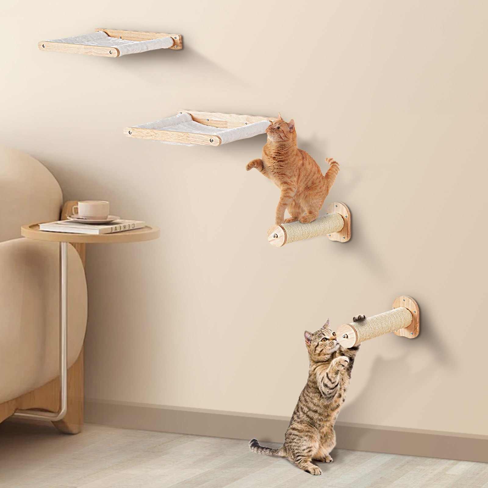 Orion-Modular-Architectural-Cat-Wall-System Orion Modular Architectural Cat Wall System set of 4 mounted on a living room wall with a cat relaxing in the coral fleece hammock.