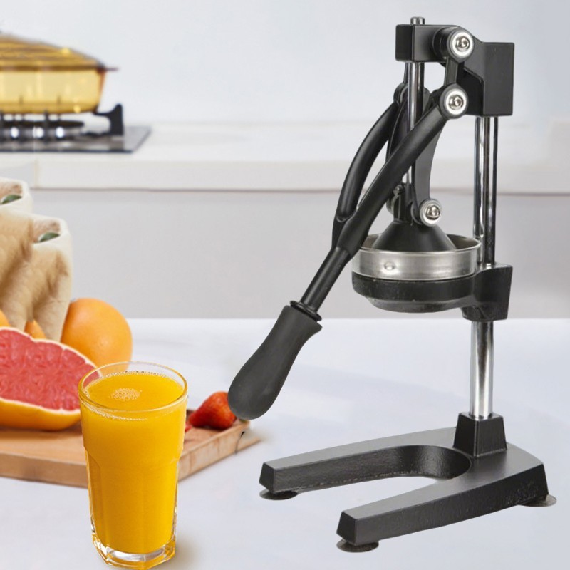 Aura-Pro-Artisanal-Citrus-Hand-Press-Juicer Aura Pro Artisanal Citrus Hand Press and Juicer in white showing a 9CM large caliber cast iron extraction tower on a marble counter.