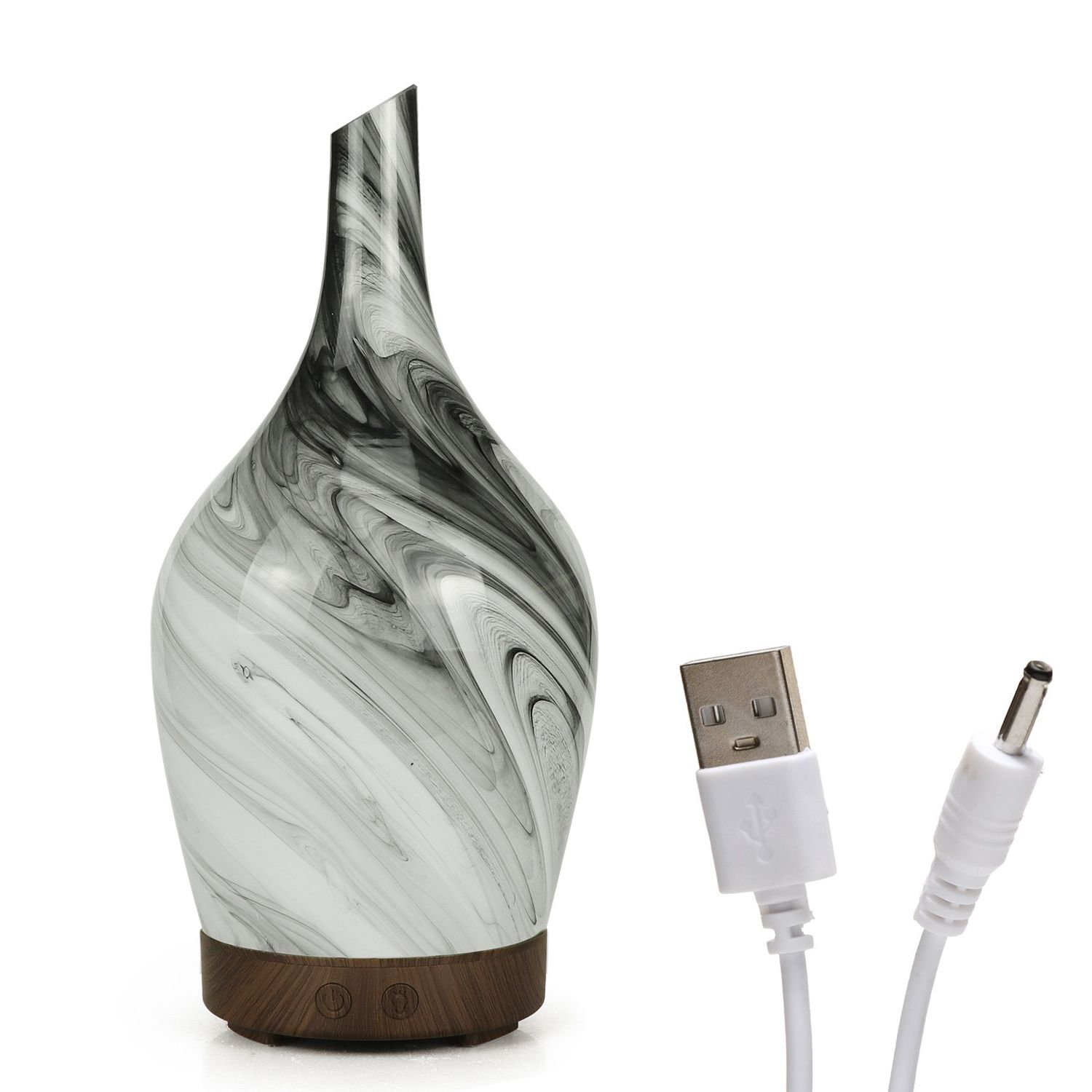 Grey and white marble swirl glass aroma diffuser with a wooden base and USB cable