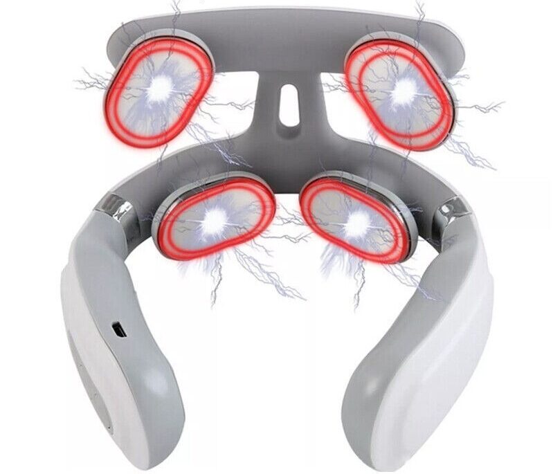 Orion™ Thermal Comfort Neck Massager Grey and white U-shaped neck massager with four oval pads glowing red on a white background