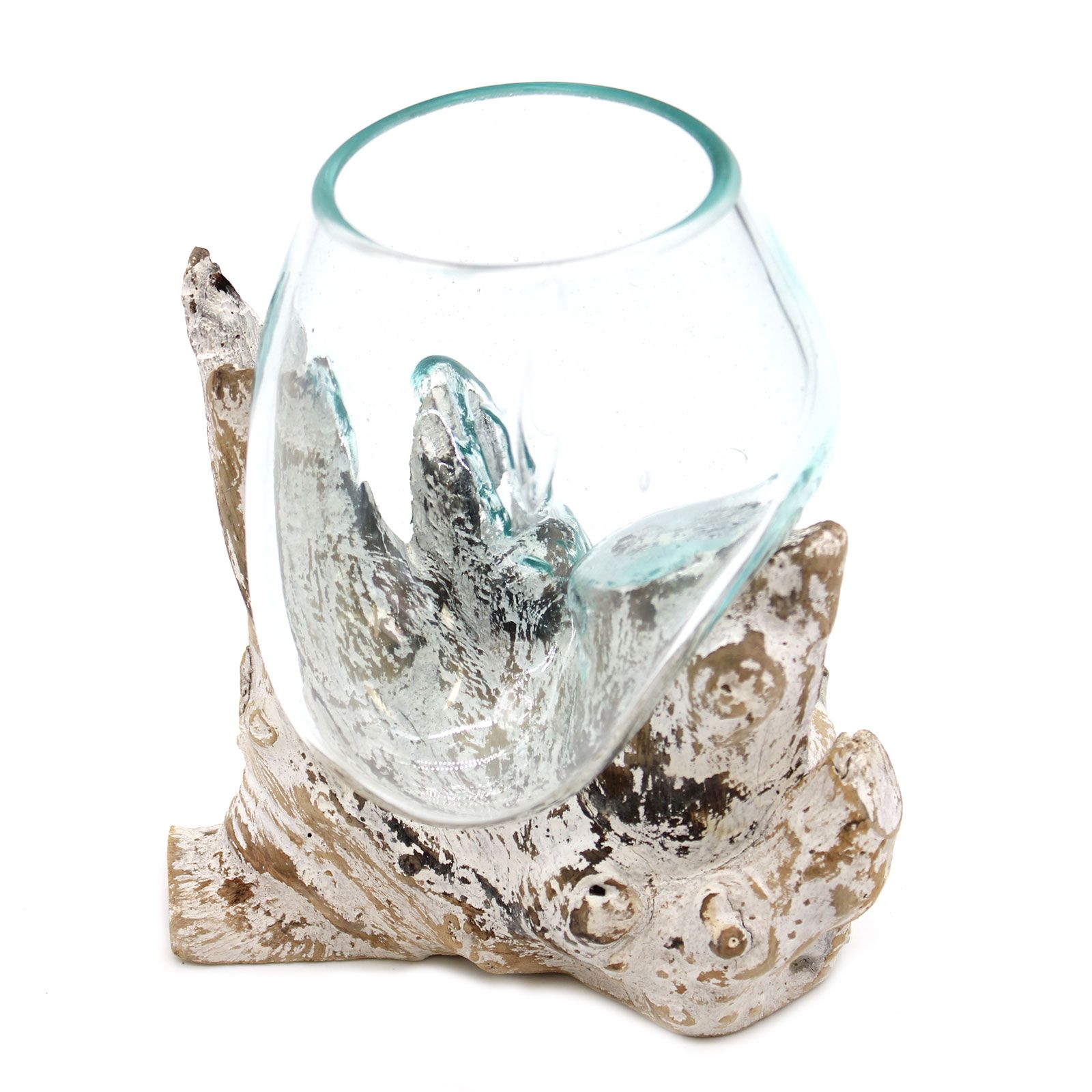 Aero™ Sculptural Molten Glass Vase — Whitewash Wood - Medium Bowl A more compact version of our Aero™ vase — the same whitewash wood base and hand-blown glass character, sized for smaller spaces.
