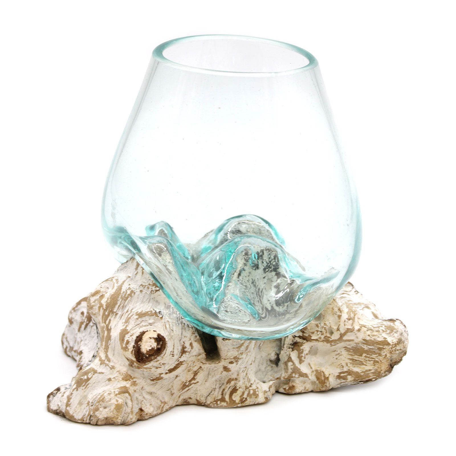 Premium hand-blown molten glass terrarium jar naturally melted over a solid Indonesian whitewash wood base.