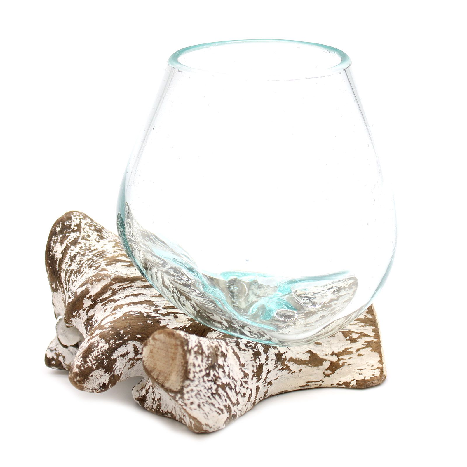 The smallest in our Aero™ family — a delicate hand-blown glass and whitewash wood accent, perfect for a shelf or side table.