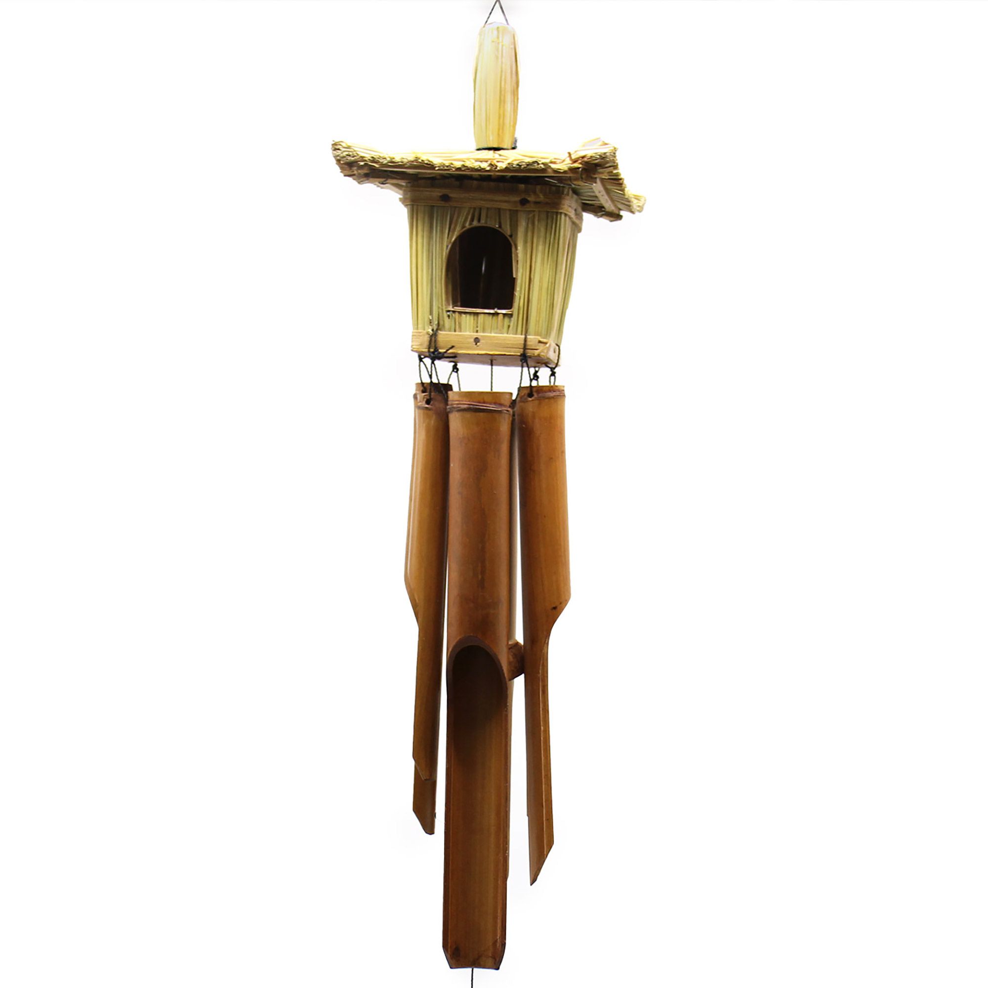 Orion Seagrass Bird House with Chimes Square hanging outdoors