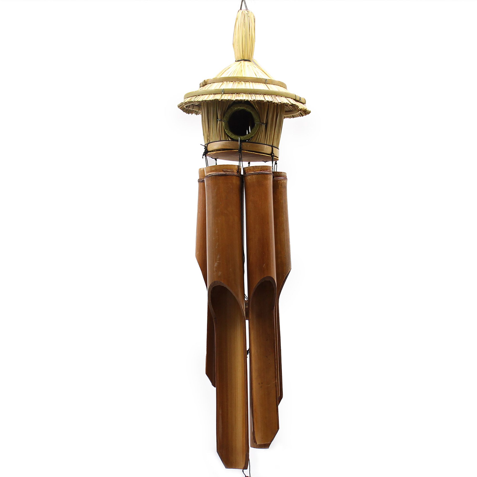 Orion Handcrafted Seagrass Bird House with bamboo chimes hanging in garden
